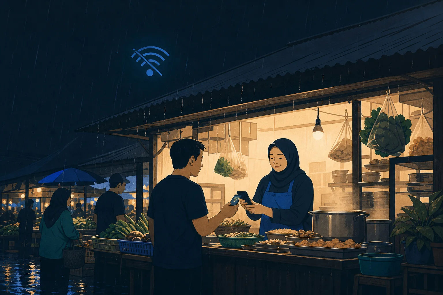 Ilustrasi warung tetap melayani pembeli di malam hujan saat internet terputus