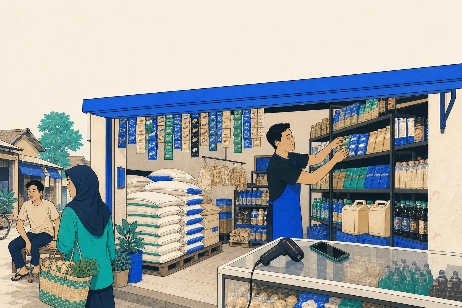 Ilustrasi toko kelontong: pemilik menata karung beras, minyak, dan sachet gantung
