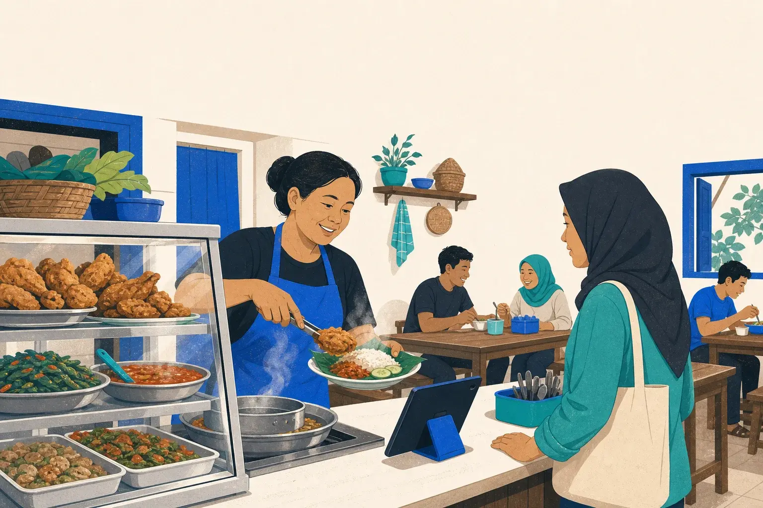 Ilustrasi warung makan: juru masak melayani pembeli di depan etalase lauk