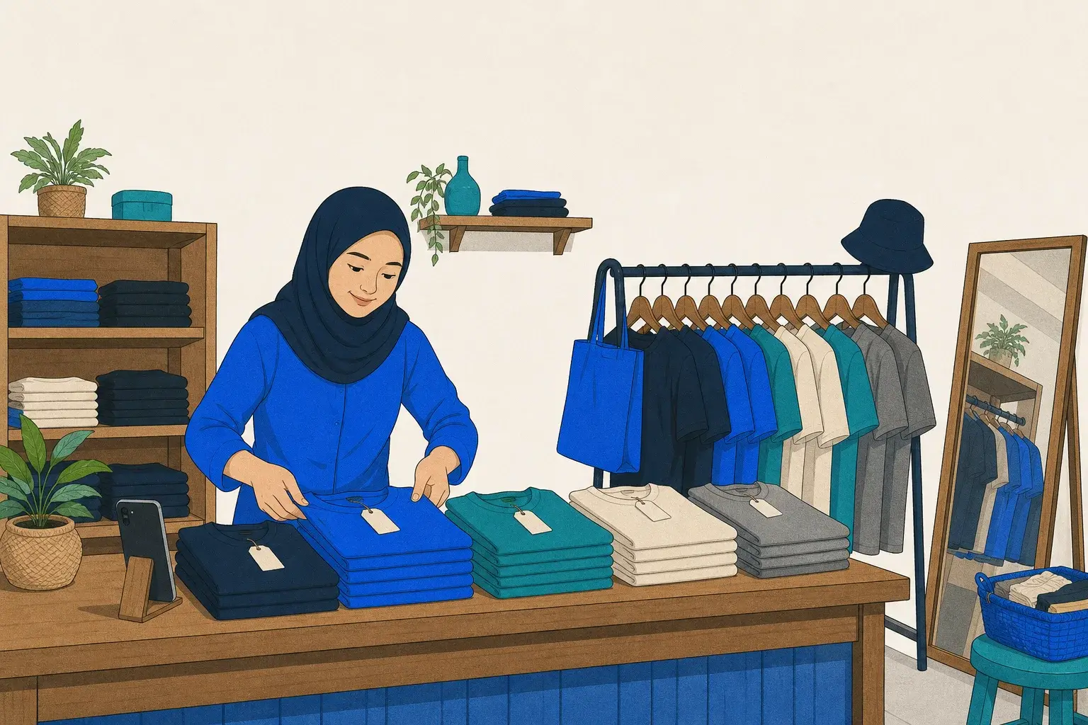 Ilustrasi toko pakaian: pemilik menata tumpukan kaos di samping rak gantung